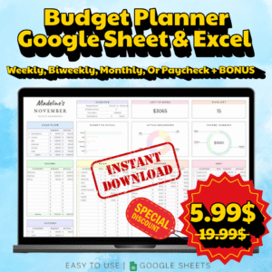 Budget Planner Spreadsheet Google Sheet & Excel Weekly, Biweekly, Monthly, Or Paycheck + BONUS